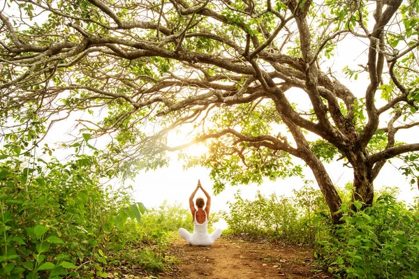 Donna Che Pratica Yoga Tramonto — Foto Stock