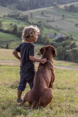 Kıvırcık çocuk ve büyük köpek yan yana oturuyor.
