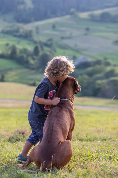 Kıvırcık çocuk ve büyük köpek yan yana oturuyor.