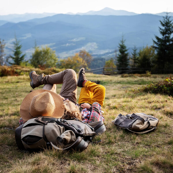 Happy Family Resting Mountains Autumn Stock Image