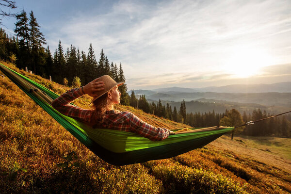 Woman Hiker Resting Climbing Hammock Sunset Royalty Free Stock Photos
