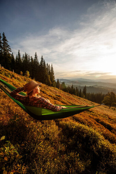 Woman Hiker Resting Climbing Hammock Sunset Stock Picture