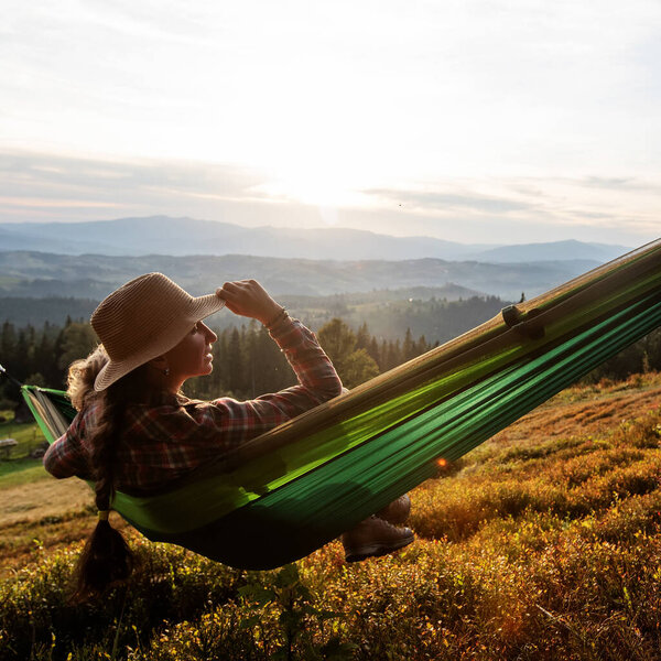 Woman Hiker Resting Climbing Hammock Sunset Stock Picture