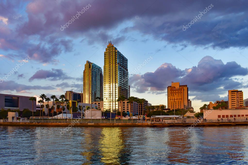 Tampa Bay, Florida. January 05, 2019 . Colorful buildings and Tampa Riverwalk in Hillsborough River