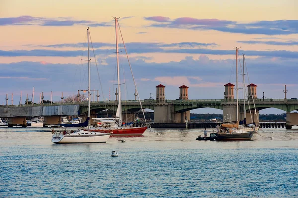 Augustine Florida January 2019 Sailboats Bridge Lions Sunset Sky Background — Stock Photo, Image