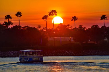 Orlando, Florida. 11 Ocak 2019 taksinin ışıklı gölü etrafında bizimkiler yaşar renkli sunset bulvarında Lake Buena Vista bölgede yelken.