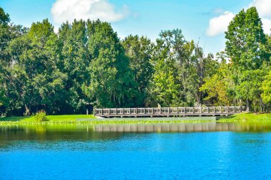 Orlando, Florida. 15 Ocak 2019. Sonbahar orman, ahşap köprü ve Mavi Göl'de kutlama kasaba Kissimmee bölgesinde güzel doğal sahne.
