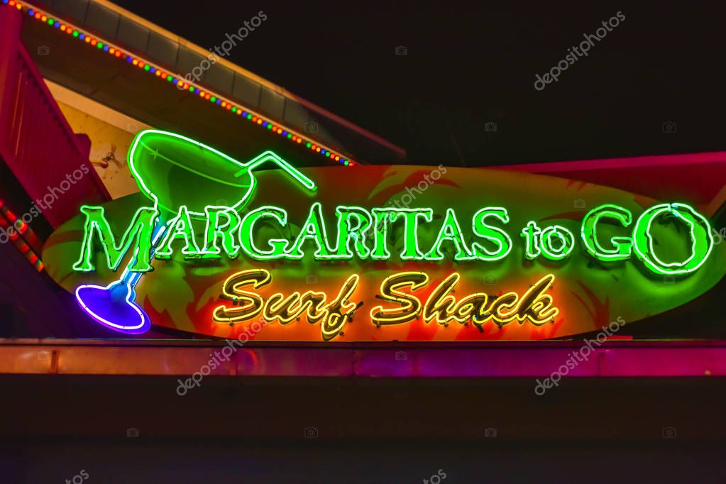Orlando, Florida. February 05, 2019. Illuminated Margaritas drinks sign in Citywalk at Universal Studios area