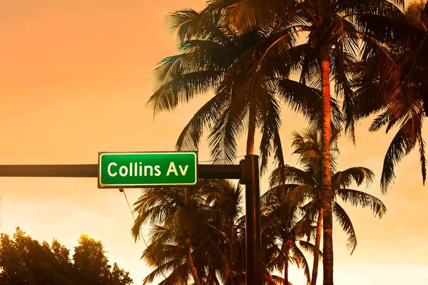 Miami Beach Florydzie Stycznia 2018 Collins Ave Znak Palmy Drzewa — Zdjęcie stockowe