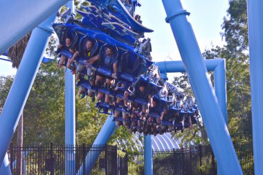 Orlando, Florida. 19 Ekim 2018 Manta Ray Rollercoaster at Seaworld Tema Park modunda uçan hareketli ileriye insanlar..
