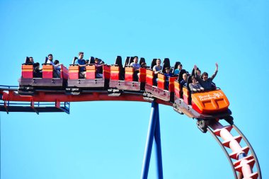 Tampa, Florida. 25 Ekim 2018. İnsanlar eğlenmek renkli vintage rollercoaster 80'lerin tarzında Bush bahçeleri Tampa Bay Tema Parkı.