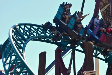 Tampa, Florida. 25 Ekim 2018 yolculuğu sırasında Kobra'nın coaster tren seyahat geri, ileri ve Bush bahçeleri Tampa Bay adlı spin