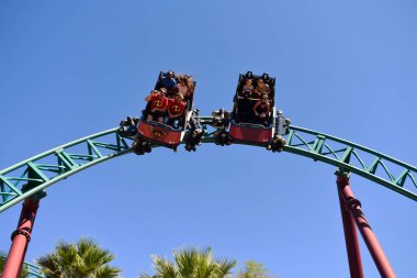 Tampa, Florida. 25 Ekim 2018 güzel çift alarak selfie iplik vertiginously Kobra'nın laneti rollercoaster'Bush bahçeleri Tampa Körfezi içinde iken.