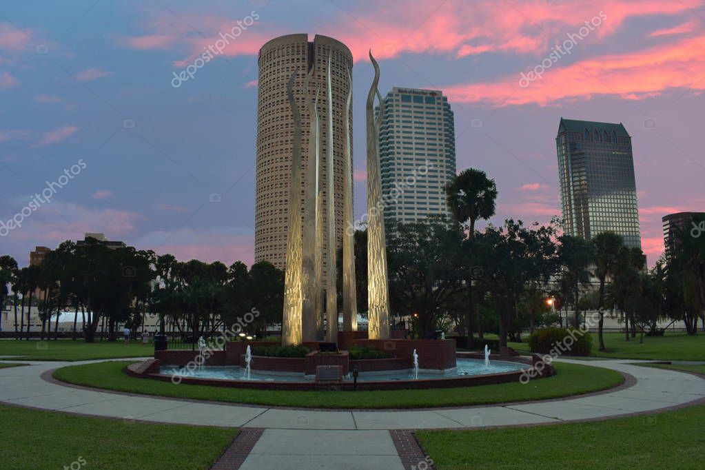 Tampa, Florida. October 06, 2018 . Henry B Plant Park and Skyscrapers downtown buildings on colorful sunset.