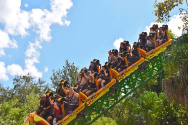  Tampa, Florida; Kollarını çita av Rollercoaster Bush bahçeleri Tampa, orman ve mavi gökyüzü arka plan üzerinde zevk yükselterek 29 Eylül 2018 insanlar.