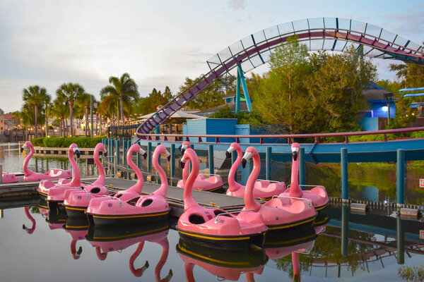 Orlando, Florida. March 09 2019. Panoramic view of Flamingo's paddle boat and Mako rollercoaster at Seaworld in International Drive area (1).
