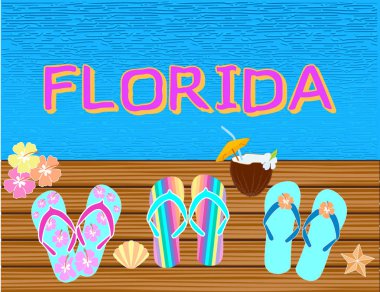 Florida yazı vektör tropikal harfler, mavi su artalanları plaj simgeleri ile..