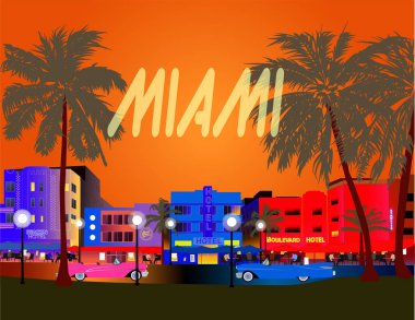 Renkli Miami vector. Ocean Drive, Art Deco, Palms ve eski arabalar.