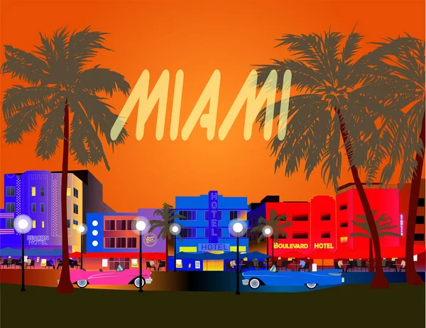 Renkli Miami vector. Ocean Drive, Art Deco, Palms ve eski arabalar.