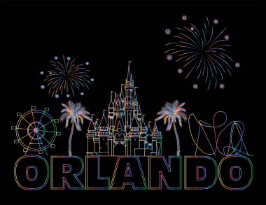Siyah artalanları üzerinde Orlando renkli yazı. Vektör seyahat simgeleri ile. Seyahat kartpostal.