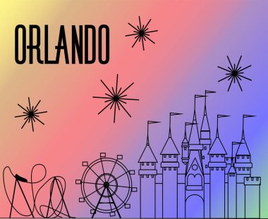 Gökkuşağı renkli arka planda Orlando atractions siyah çizgi. Roller coaster, büyük tekerlek, kale ve havai fişek.