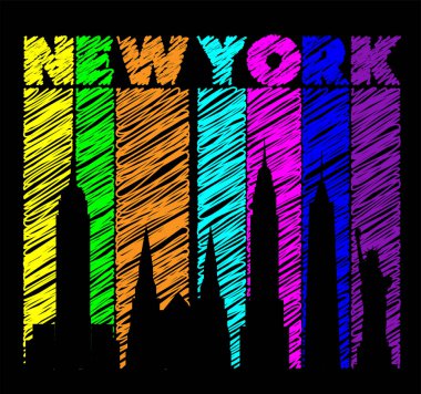  New York renkli harfler. Renkli arka planda seyahat simgeleri ile vektör. Seyahat kartpostal..