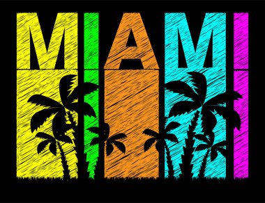 Siyah avuç içi ağaçları ile Miami renkli yazı. Seyahat kartpostal.