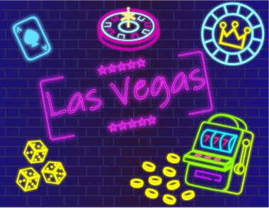 Las Vegas Magenta yazısı. Mavi duvar arka planda Casino simgeleri ile vector.