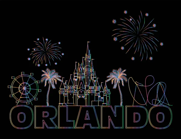 Orlando Bunte Schriftzüge Auf Schwarzem Hintergrund Vektor Mit Reisesymbolen Reisepostkarte — Stockvektor