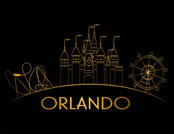 Orlando Atractions Goldkurvenlinie Auf Schwarzem Hintergrund Urlaubskarte — Stockvektor