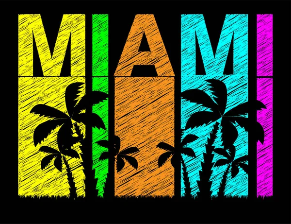 Siyah avuç içi ağaçları ile Miami renkli yazı. Seyahat kartpostal.