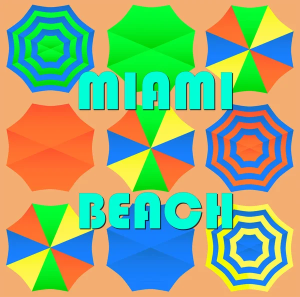 Miami Beach Napsáno Tropická Vektorová Písmena Písku Barevným Deštníky — Stockový vektor