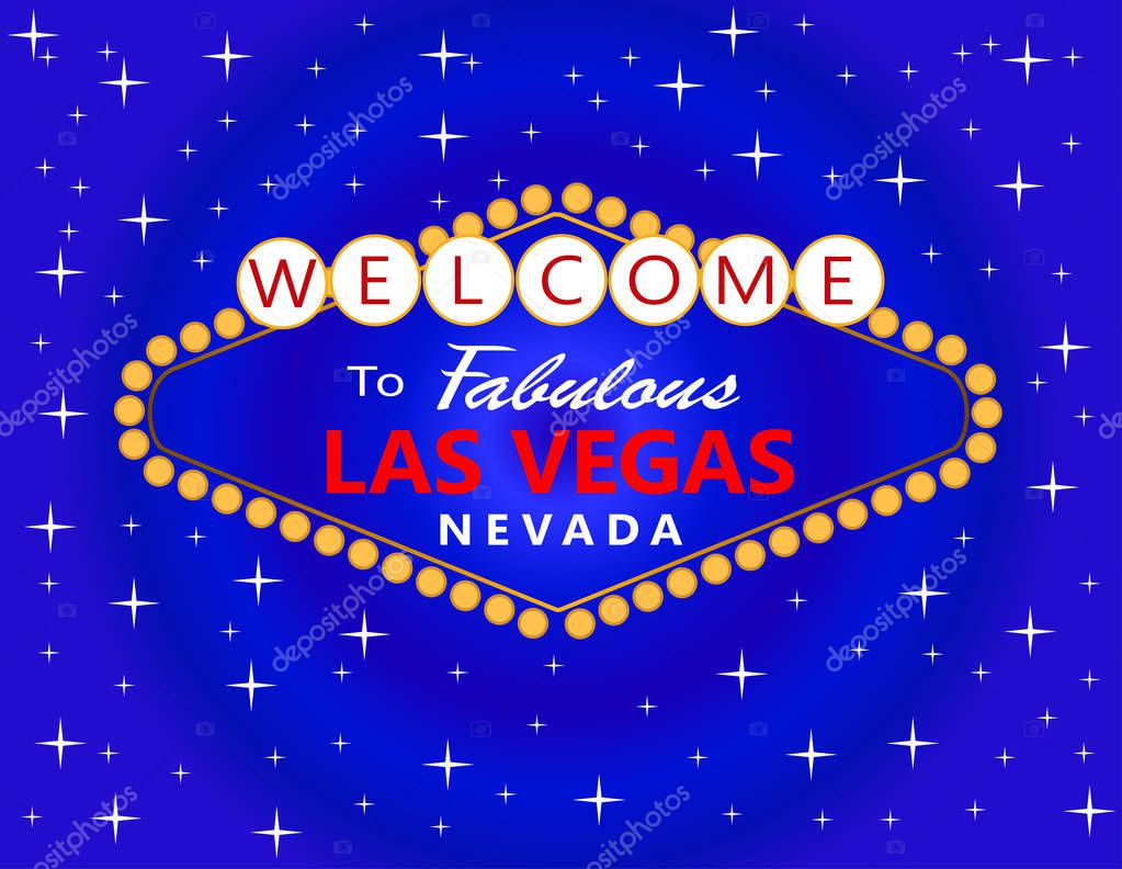 Las Vegas red and white lettering with white stars on blue background. Travel Postcard.