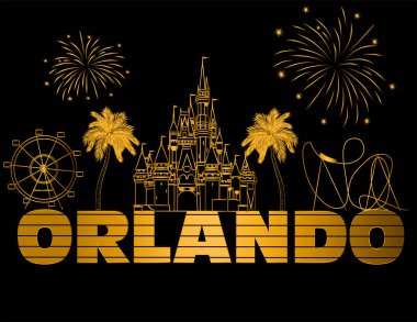 Siyah artalanları üzerinde Orlando altın yazı. Vektör seyahat simgeleri ve havai fişek ile. Seyahat kartpostal