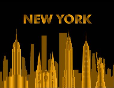 New York altın yazısı. Vektör skycrapers ve siyah arka planda seyahat simgeleri ile. Seyahat kartı.