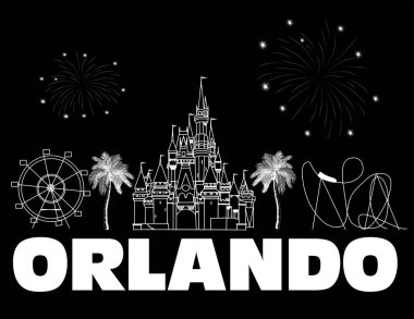 Siyah artalanları üzerinde Orlando beyaz yazı. Vektör seyahat simgeleri ve havai fişek ile. Seyahat kartpostal.