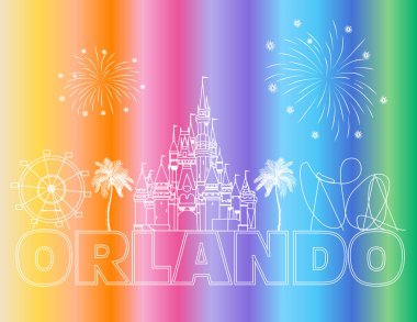 Renkli artalanları üzerinde Orlando beyaz yazı. Vektör seyahat simgeleri ve havai fişek ile. Seyahat kartpostal.