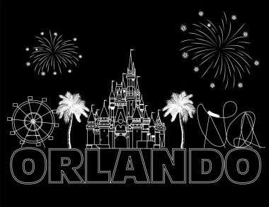 Siyah artalanları üzerinde Orlando beyaz yazı. Vektör seyahat simgeleri ve havai fişek ile. Seyahat kartpostal.
