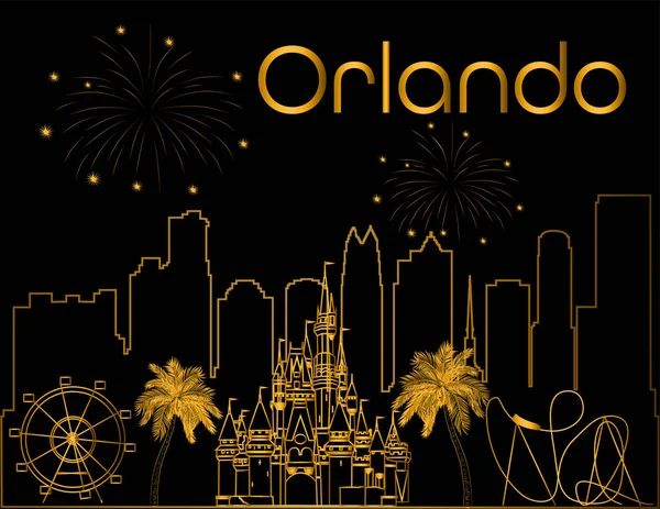 Lettrage Orlando Sur Fond Noir Vecteur Avec Gratte Ciel Icônes — Image vectorielle