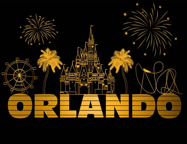 Orlando Gold Belettering Zwarte Backround Vector Met Reis Iconen Vuurwerk — Stockvector