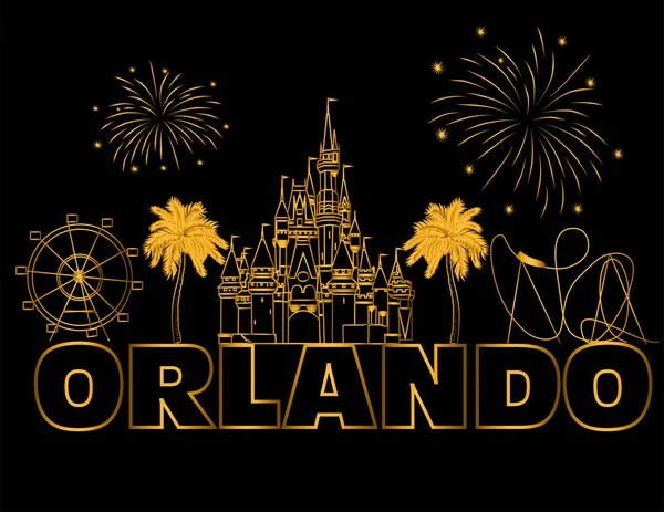 Lettrage Orlando Sur Fond Noir Vecteur Avec Icônes Voyage Feux — Image vectorielle