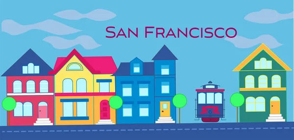 Lettrage Magenta Magenta San Francisco Vecteur Avec Maisons Victoriennes Colorées — Image vectorielle