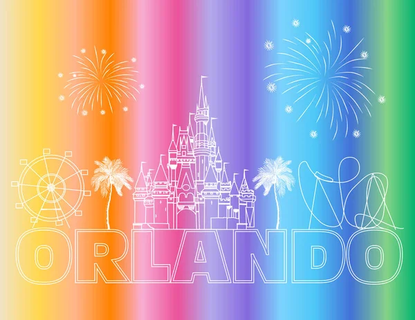 Orlando White Lettering Colorful Backround Vector Travel Icons Fireworks Travel — Stockový vektor