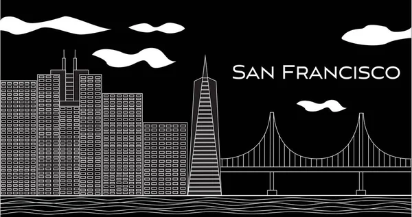 サンフランシスコの白いレタリング 超高層ビルと黒の背景にゴールデンゲートブリッジとベクトル 旅行はがき — ストックベクタ