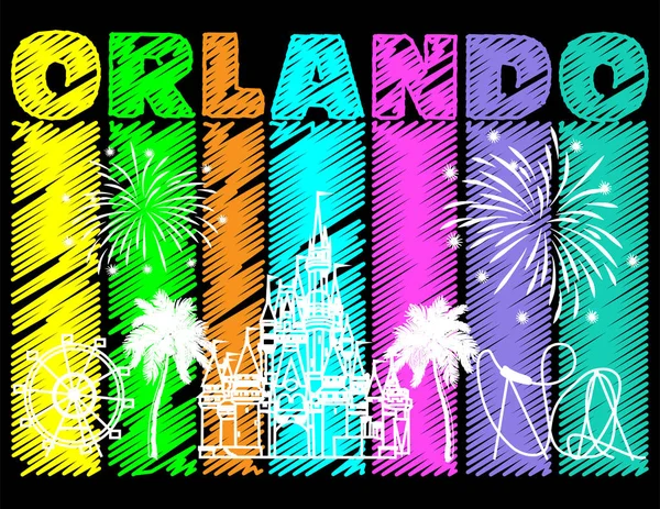 Conception Orlando Blanc Sur Fond Griffonné Coloré Vecteur Avec Icônes — Image vectorielle
