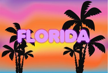 Renkli günbatımı backround üzerinde Florida yazı. Siyah palmiye ağaçları ile vektör tropikal harfler