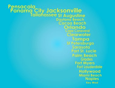 Açık mavi artalanları sarı harfler ile Florida Haritası