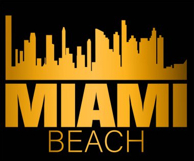 Miami Beach yazı ve siyah backround üzerinde altın siluet binalar. Seyahat kartı.