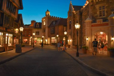 Orlando, Florida 'da. 19 Mart 2019. Walt Disney World 'de Epcot 'da Almanya pavilyonu 'nda sokak.