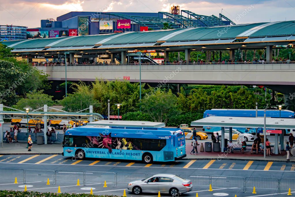 Orlando, Florida. April 18, 2019. Bus and taxi area at Citywalk in Universal Studios area